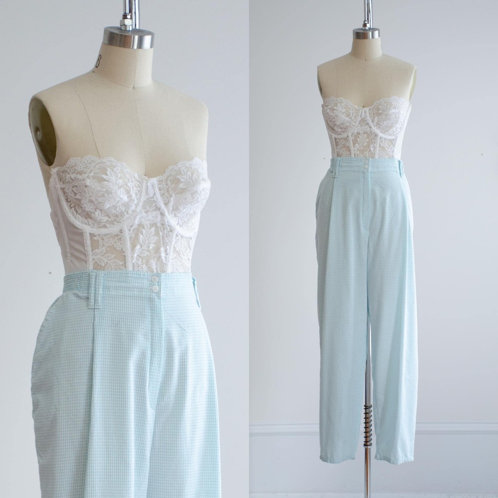 Vintage 90s Gingham Seersucker Pants High Waisted 22 3X Blue White Tapered Leg